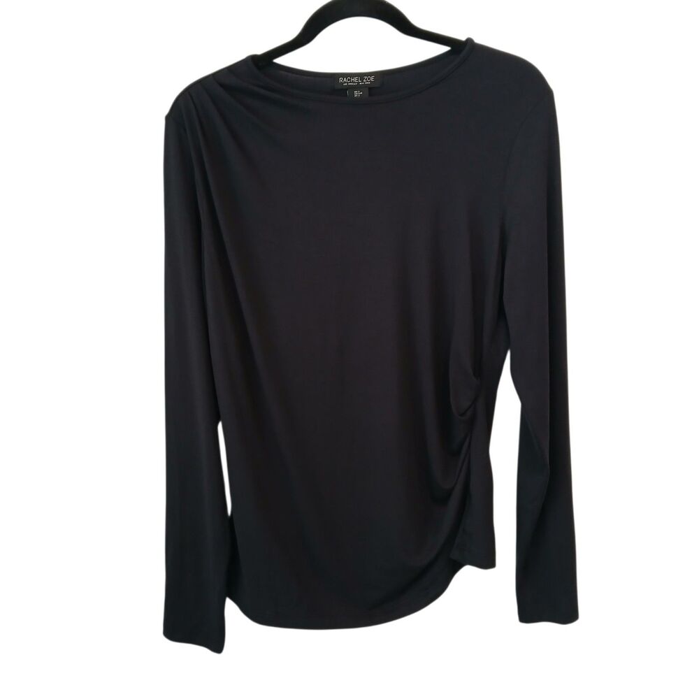 Rachel Zoe Ruched Pleated Long Sleeve Black Top Size Large Round Neck‎ Stretch